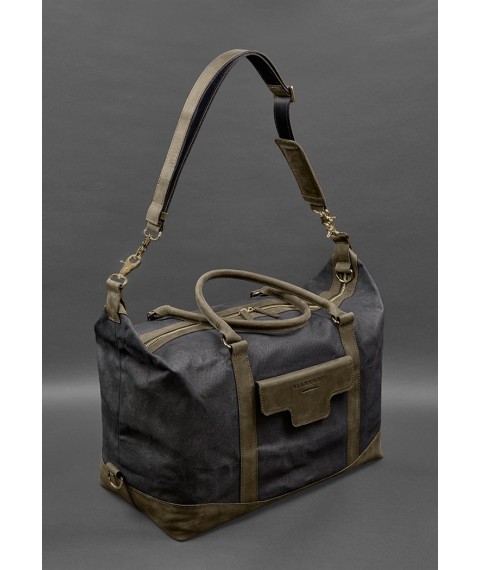 Travel bag made of canvas and genuine dark brown leather Crazy Horse