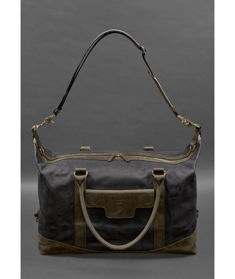 Travel bag made of canvas and genuine dark brown leather Crazy Horse