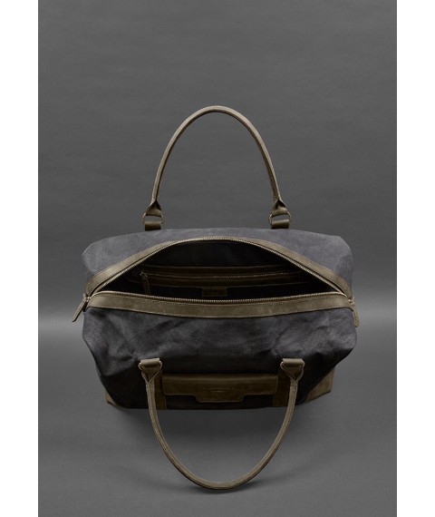 Travel bag made of canvas and genuine dark brown leather Crazy Horse