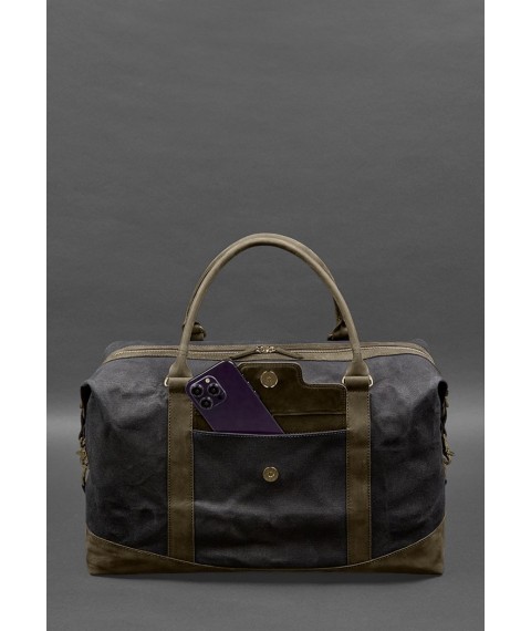 Travel bag made of canvas and genuine dark brown leather Crazy Horse