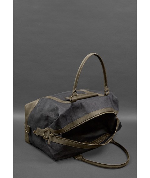 Travel bag made of canvas and genuine dark brown leather Crazy Horse