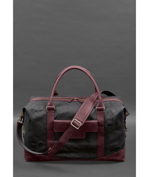 Travel bag made of canvas and genuine burgundy leather Crazy Horse