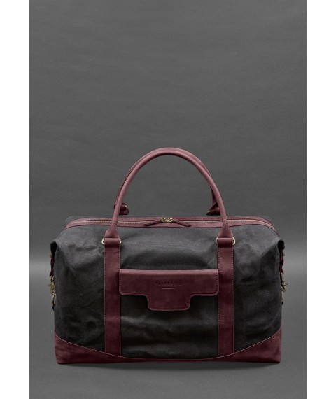 Travel bag made of canvas and genuine burgundy leather Crazy Horse