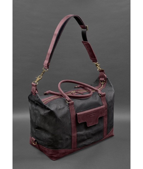 Travel bag made of canvas and genuine burgundy leather Crazy Horse