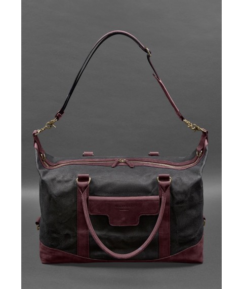 Travel bag made of canvas and genuine burgundy leather Crazy Horse
