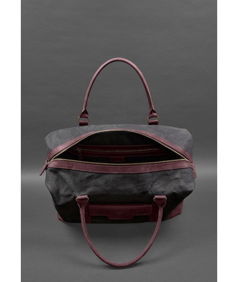 Travel bag made of canvas and genuine burgundy leather Crazy Horse