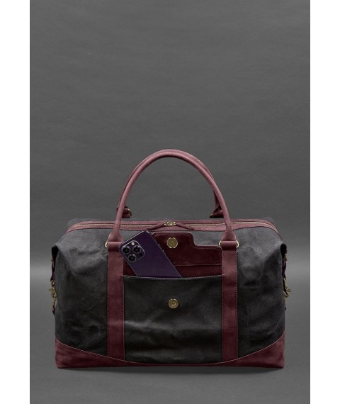 Travel bag made of canvas and genuine burgundy leather Crazy Horse