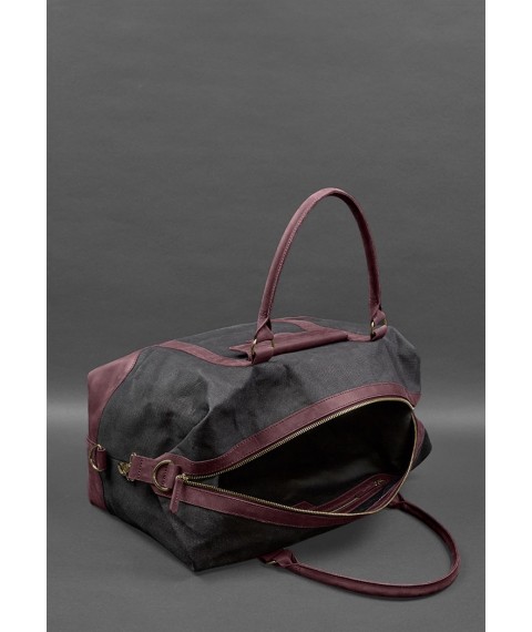 Travel bag made of canvas and genuine burgundy leather Crazy Horse
