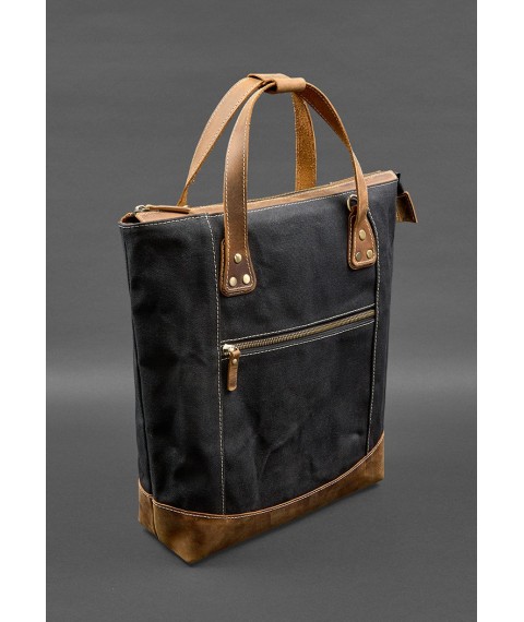 Backpack bag made of canvas and genuine light brown leather