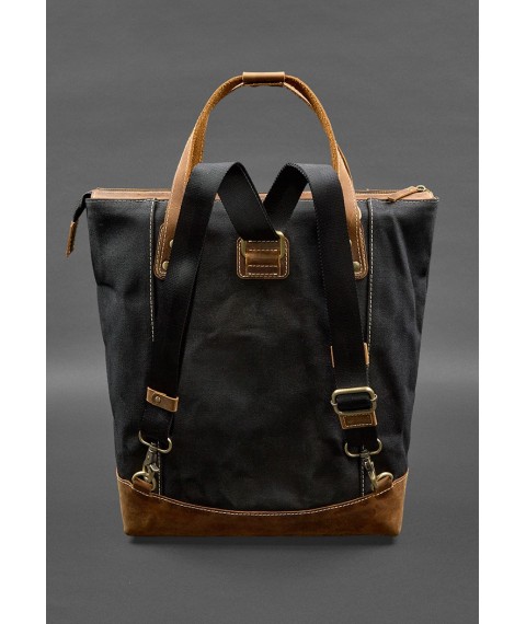 Backpack bag made of canvas and genuine light brown leather