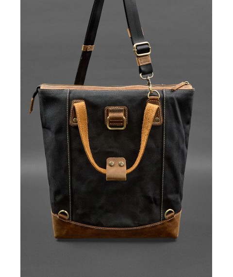 Backpack bag made of canvas and genuine light brown leather