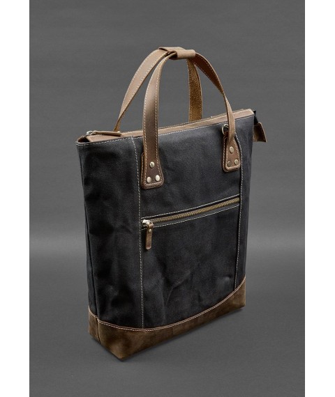 Backpack bag made of canvas and genuine dark brown leather