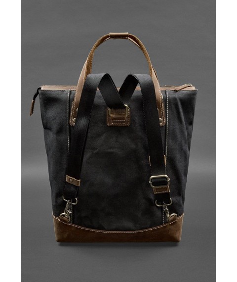 Backpack bag made of canvas and genuine dark brown leather