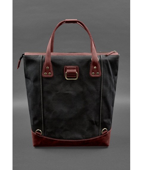 Backpack bag made of canvas and genuine burgundy leather