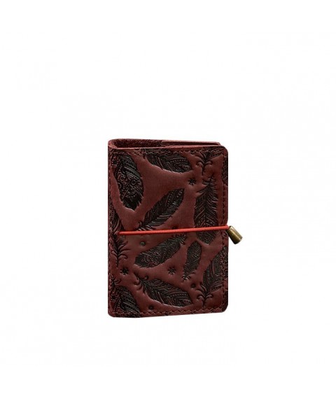 Women's leather card case 7.0 burgundy with feathers