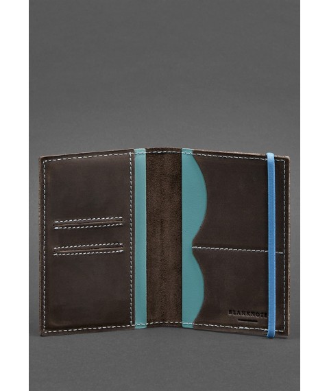 Leather passport cover 2.0 dark brown Crazy Horse with turquoise