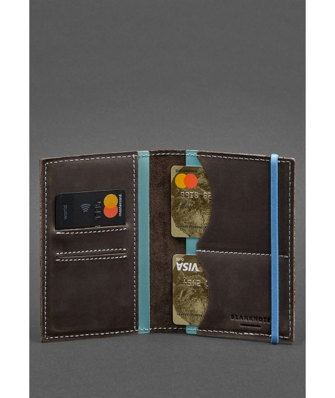 Leather passport cover 2.0 dark brown Crazy Horse with turquoise