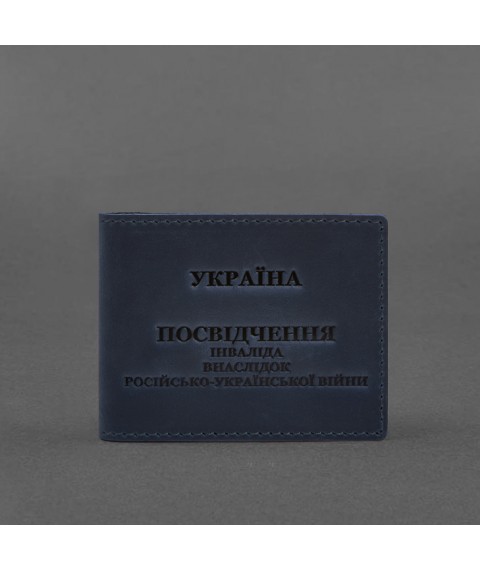 Leather cover for ID card of a disabled person as a result of the Russian-Ukrainian war blue Crazy Horse