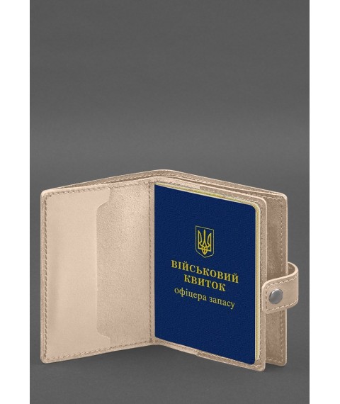 Кожаная обложка-портмоне для военного билета офицера запаса (узкий документ) Светло-бежевый