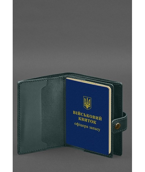 Шкіряна обкладинка-портмоне для військового квитка офіцера запасу (вузький документ) Зелений