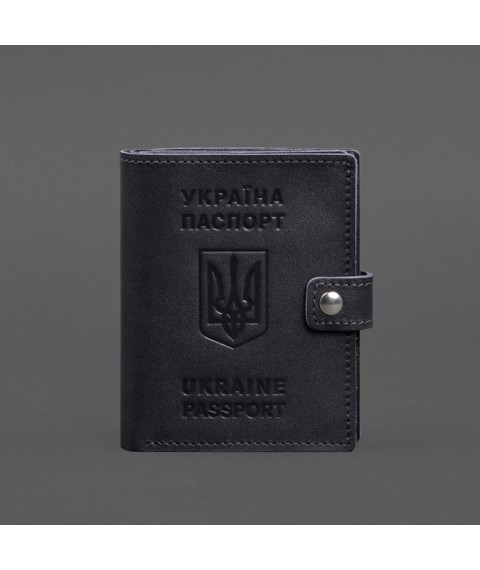 Кожаная обложка-портмоне на паспорт с гербом Украины 25.1 темно-синяя