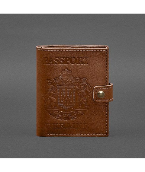 Leather passport wallet cover with the coat of arms of Ukraine 25.0 Light brown