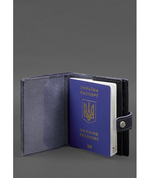 Кожаная обложка-портмоне на паспорт с гербом Украины 25.0 темно-синяя