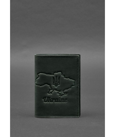 Кожаная обложка для паспорта с картой Украины зеленый Crazy Horse