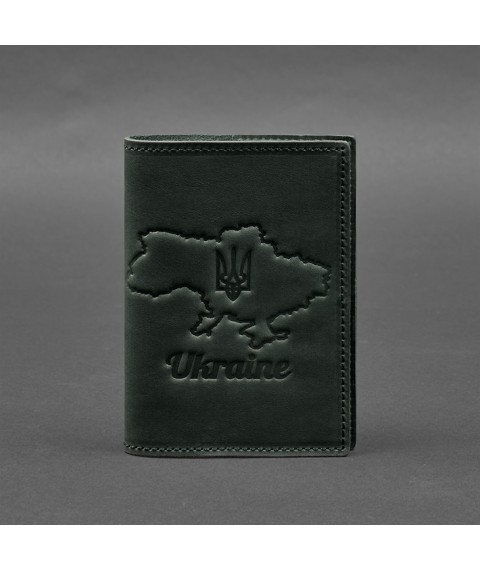 Leather passport cover with a map of Ukraine green Crazy Horse