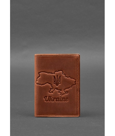 Leather passport cover with a map of Ukraine light brown Crazy Horse