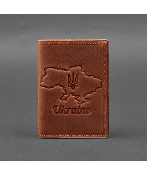 Leather passport cover with a map of Ukraine light brown Crazy Horse