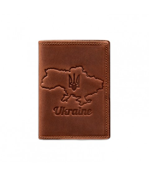 Leather passport cover with a map of Ukraine light brown Crazy Horse