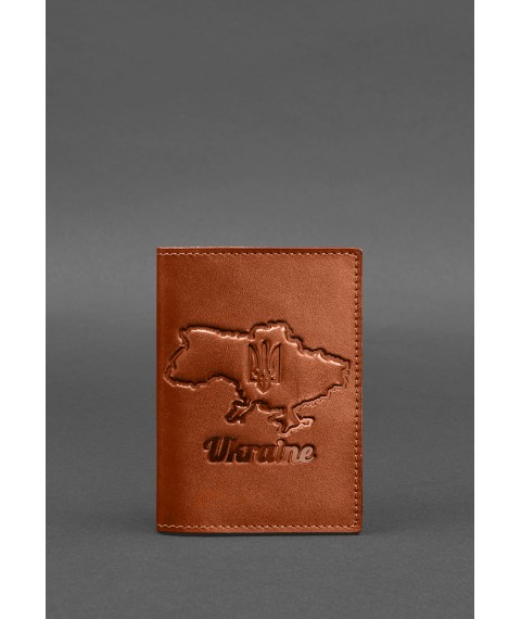 Leather passport cover with a map of Ukraine light brown crust