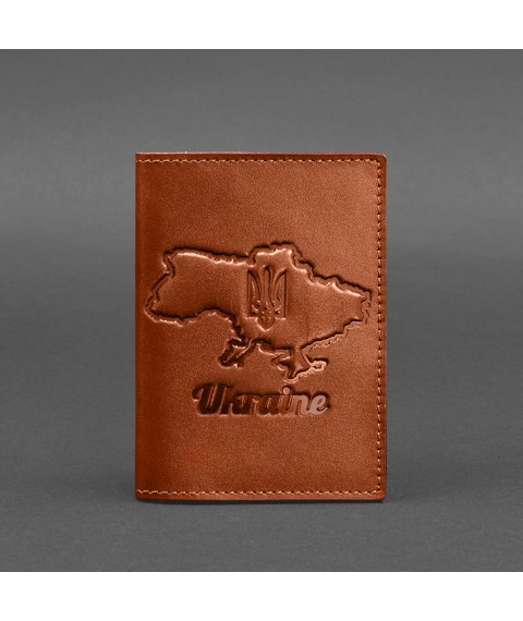 Leather passport cover with a map of Ukraine light brown crust