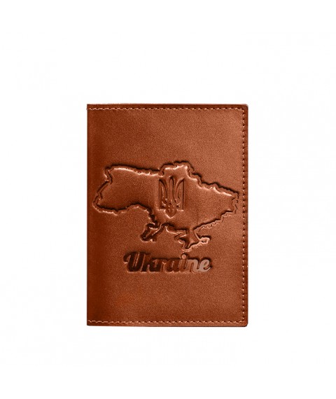 Leather passport cover with a map of Ukraine light brown crust