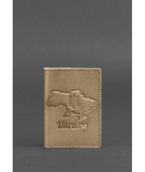 Leather passport cover with a map of Ukraine, light beige