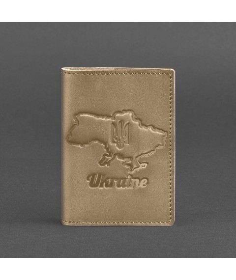 Leather passport cover with a map of Ukraine, light beige