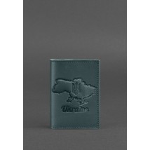 Leather passport cover with a map of Ukraine green crust