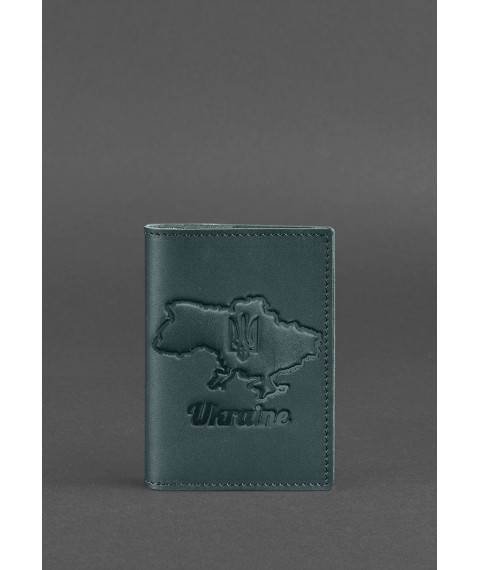 Leather passport cover with a map of Ukraine green crust