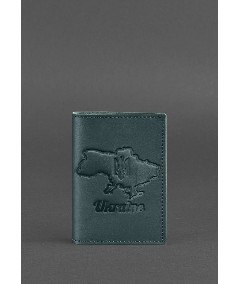 Leather passport cover with a map of Ukraine green crust