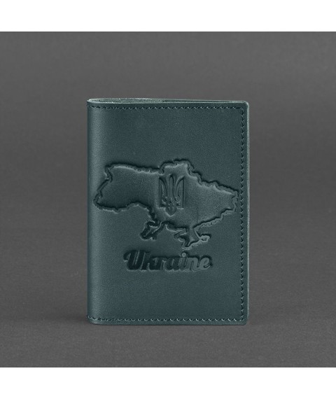 Leather passport cover with a map of Ukraine green crust