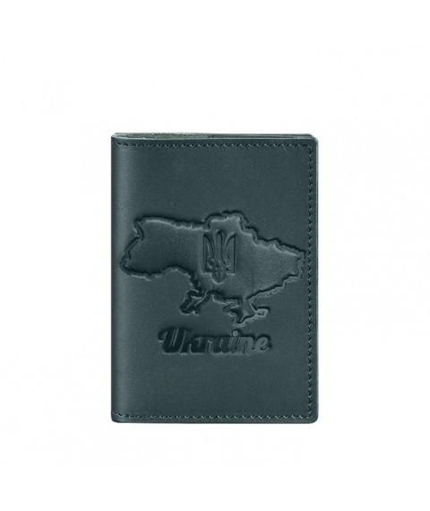 Leather passport cover with a map of Ukraine green crust