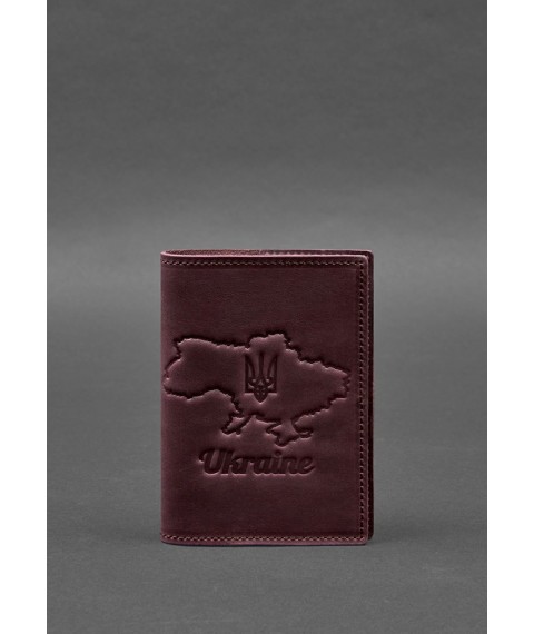 Leather passport cover with a map of Ukraine burgundy Crazy Horse