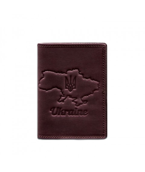 Leather passport cover with a map of Ukraine burgundy Crazy Horse