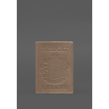 Шкіряна обкладинка для паспорта з українським гербом світло-бежева