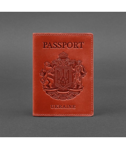 Шкіряна обкладинка для паспорта коралова з українським гербом