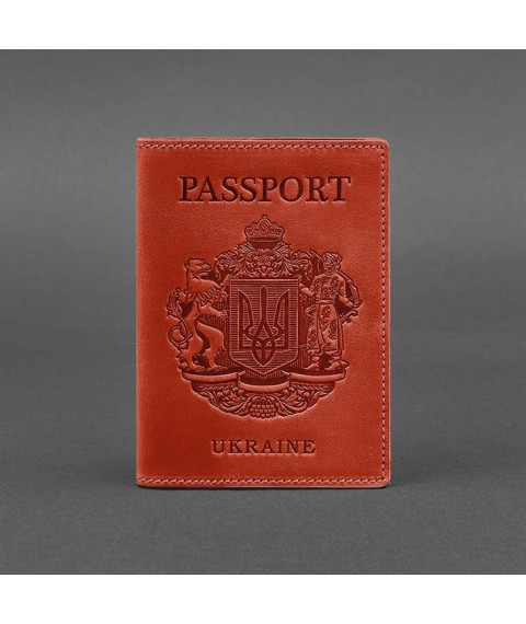 Coral leather passport cover with Ukrainian coat of arms