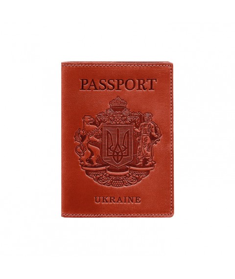Coral leather passport cover with Ukrainian coat of arms