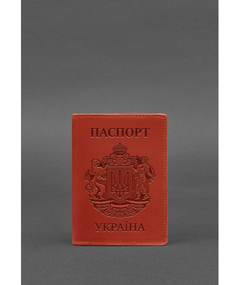 Coral leather passport cover with Ukrainian coat of arms