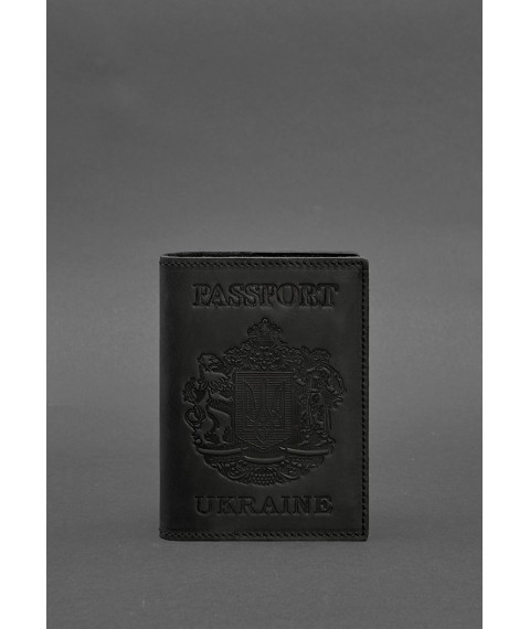 Leather passport cover with Ukrainian coat of arms, black